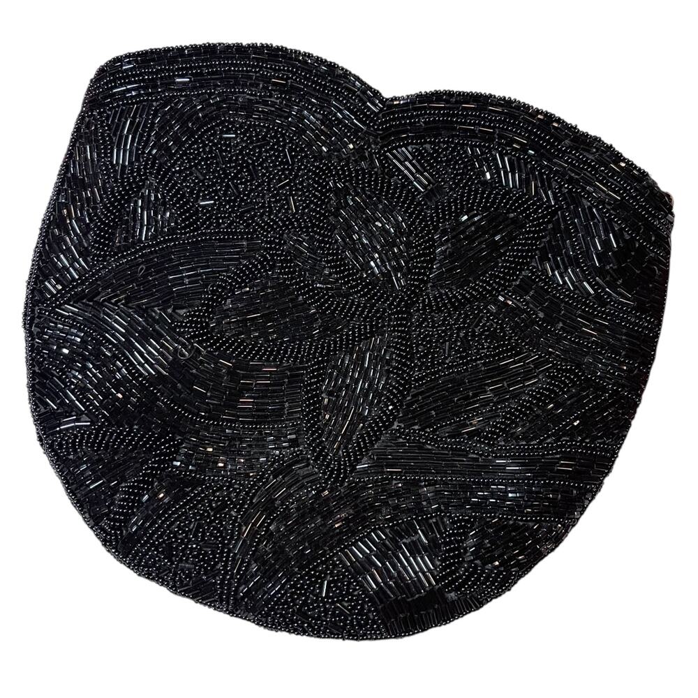 Vintage Black Hand Beaded Coin Purse Clutch Floral Evening Bag